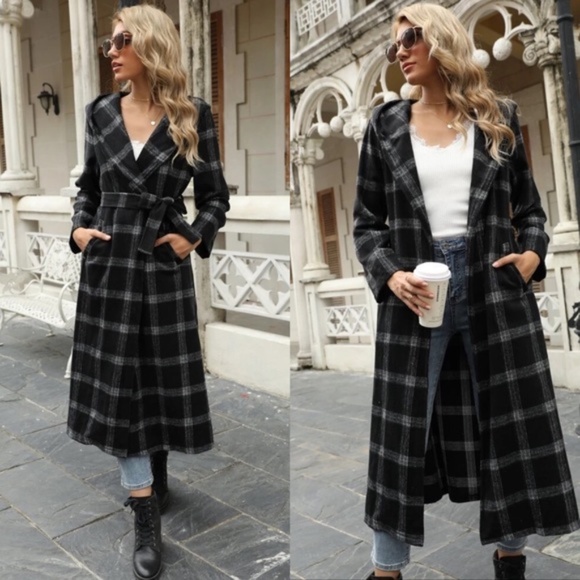 Black belted plaid collar pocket trench pea coat - Picture 4 of 4